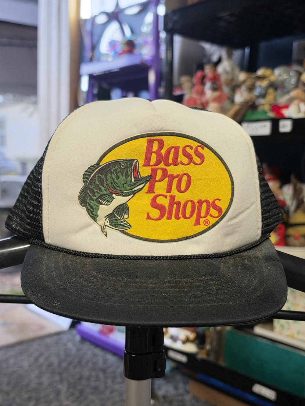 Bass Pro Shops White Front Black Mesh Trucker Hat with Yellow Logo